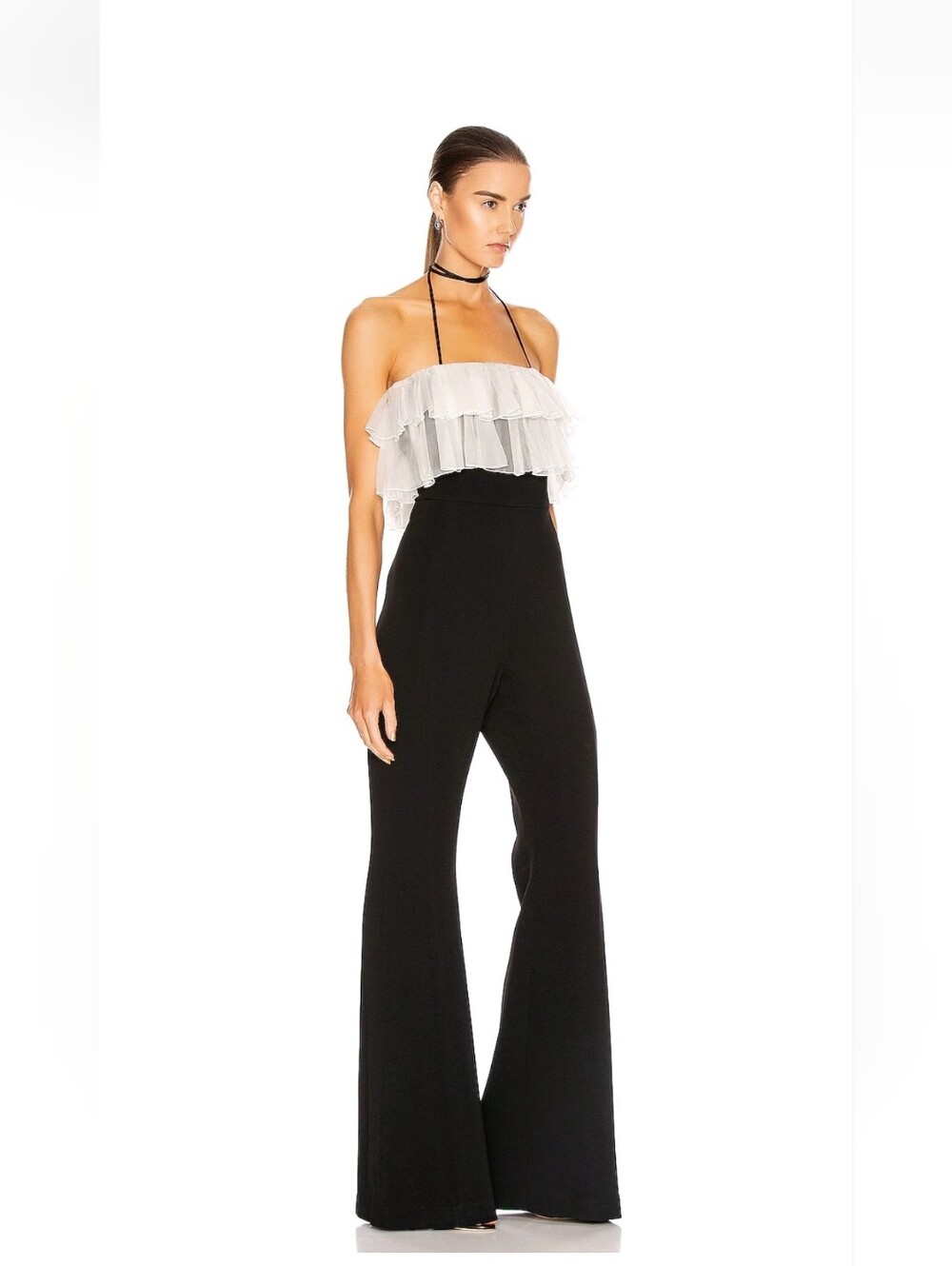 Alexis Kaiya Jumpsuit in black featuring a ruffled off-white strapless bodice - Picture 2 of 5